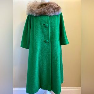 COPY - LILLI ANN green mohair-wool natural blue fox fur Norway size 12 vintage